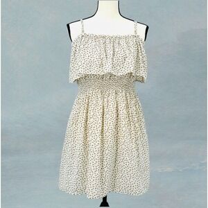 CAMELLIA Ivory Floral Mini‎ Dress Smocked Waist Spaghetti Straps Juniors Large